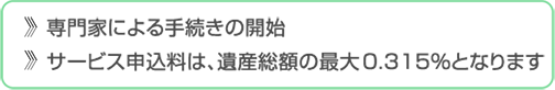 ●専門家による手続きの開始　●サービス申込料は、遺産総額の最大0.315％となります